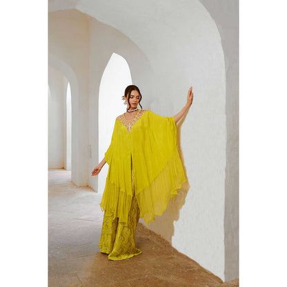 PALLAVI JAIPUR Gulbahar Lemon Green Frill Kaftan With Flared Palazzo (Set of 2)