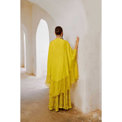 PALLAVI JAIPUR Gulbahar Lemon Green Frill Kaftan With Flared Palazzo (Set of 2)