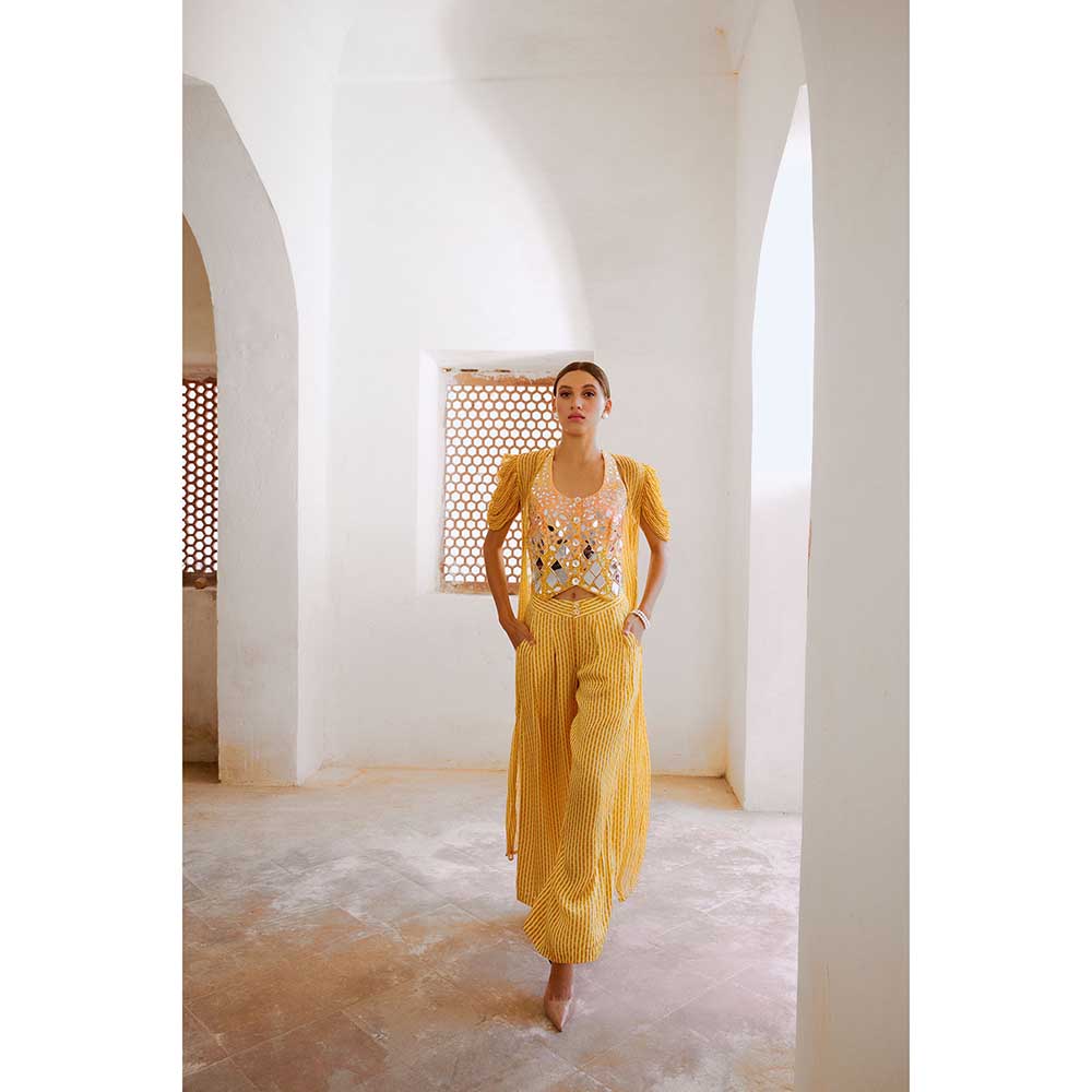 PALLAVI JAIPUR Gulbahar Daisy Yellow Sheesha Koti With Chiffon Jacket & Palazzo (Set of 3)