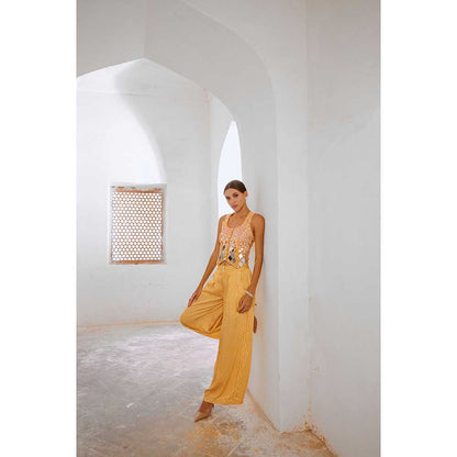 PALLAVI JAIPUR Gulbahar Daisy Yellow Sheesha Koti & Loose Palazzo (Set of 2)