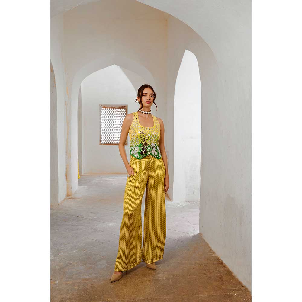 PALLAVI JAIPUR Gulbahar Lemon Green Sheesha Koti & Loose Palazzo (Set of 2)