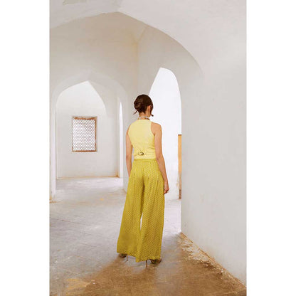 PALLAVI JAIPUR Gulbahar Lemon Green Sheesha Koti & Loose Palazzo (Set of 2)