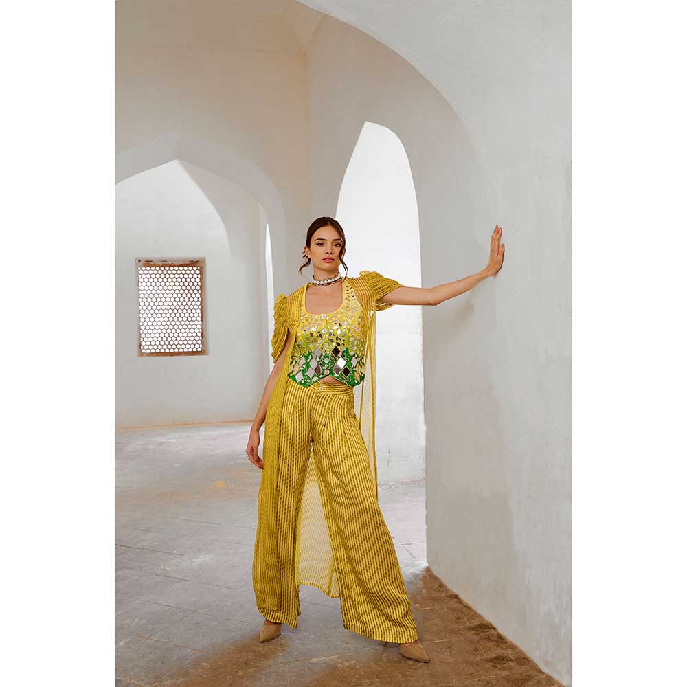 PALLAVI JAIPUR Gulbahar Lemon Green Sheesha Koti With Chiffon Jacket & Palazzo (Set of 3)