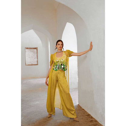 PALLAVI JAIPUR Gulbahar Lemon Green Sheesha Koti With Chiffon Jacket & Palazzo (Set of 3)