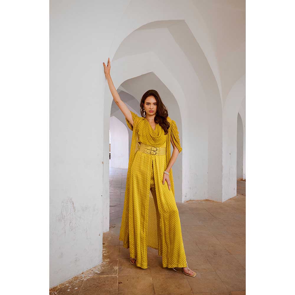 PALLAVI JAIPUR Gulbahar Lemon Green Cape Jumpsuit With Chiffon Jacket & Belt (Set of 3)