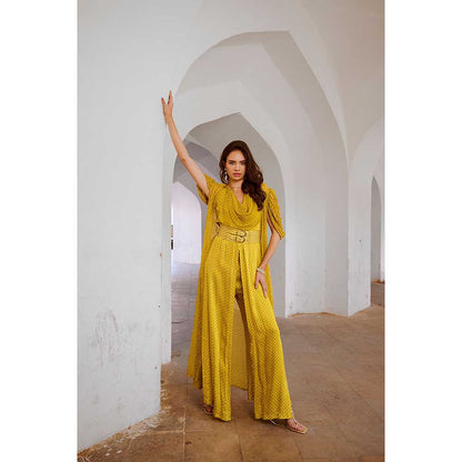 PALLAVI JAIPUR Gulbahar Lemon Green Cape Jumpsuit With Chiffon Jacket & Belt (Set of 3)