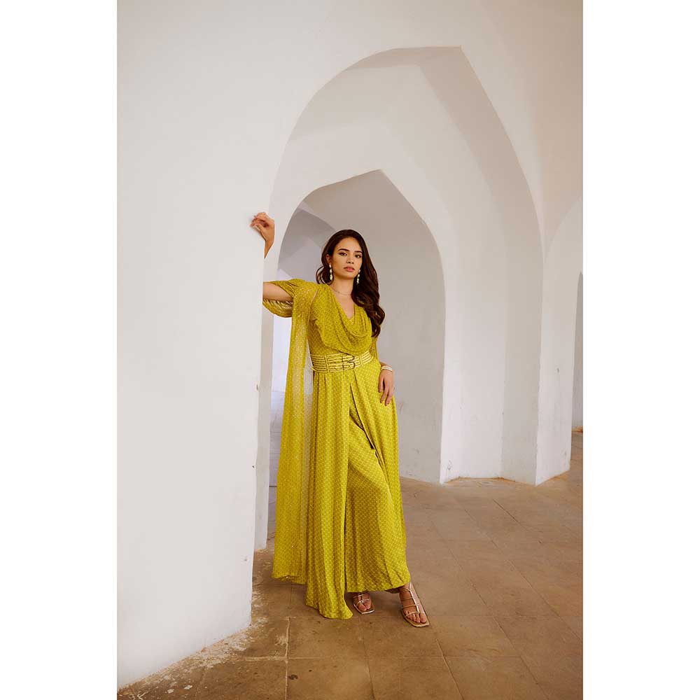PALLAVI JAIPUR Gulbahar Lemon Green Cape Jumpsuit With Chiffon Jacket & Belt (Set of 3)