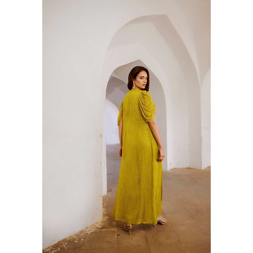 PALLAVI JAIPUR Gulbahar Lemon Green Cape Jumpsuit With Chiffon Jacket & Belt (Set of 3)