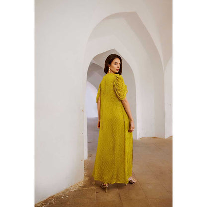 PALLAVI JAIPUR Gulbahar Lemon Green Cape Jumpsuit With Chiffon Jacket & Belt (Set of 3)