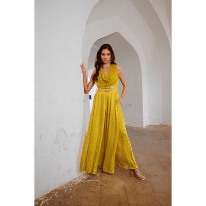 PALLAVI JAIPUR Gulbahar Lemon Green Cowl Jumpsuit With Belt (Set of 2)