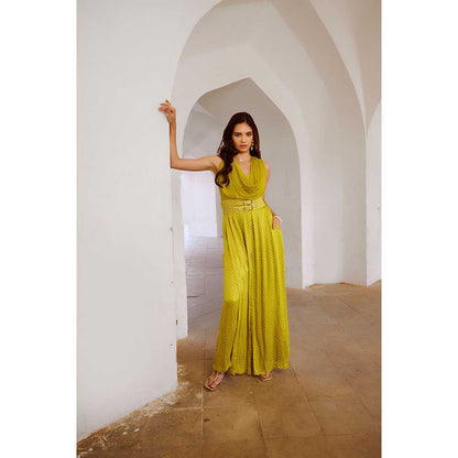 PALLAVI JAIPUR Gulbahar Lemon Green Cowl Jumpsuit With Belt (Set of 2)