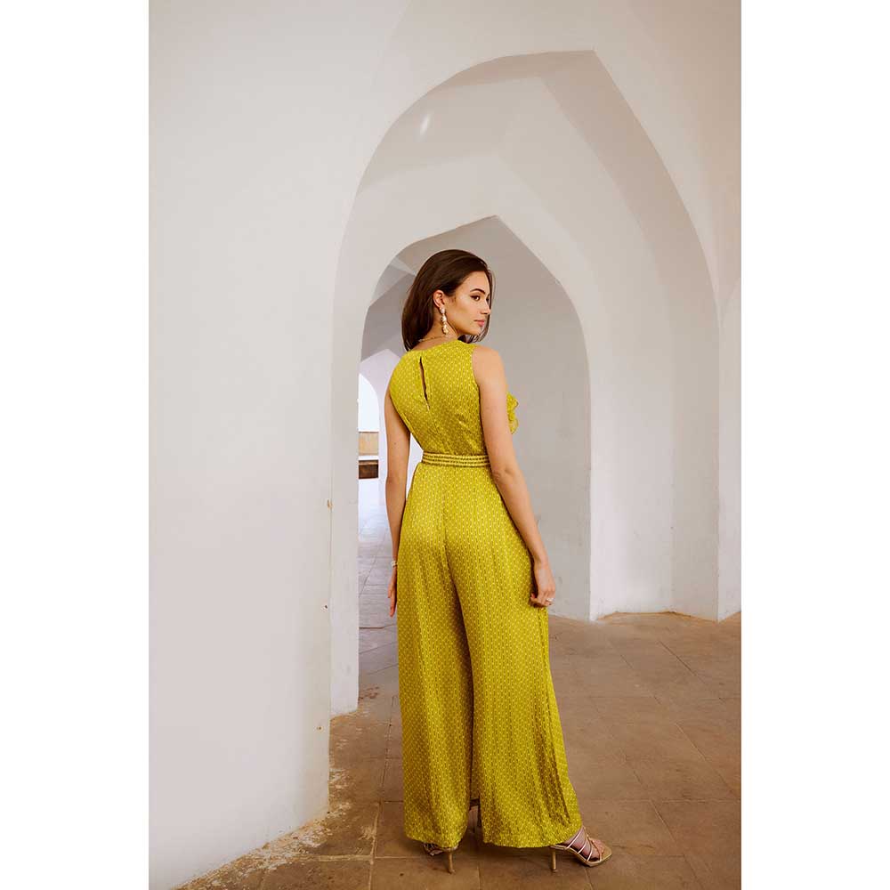 PALLAVI JAIPUR Gulbahar Lemon Green Cowl Jumpsuit With Belt (Set of 2)