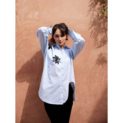 Palak Khandelwal Skylight Blue Shirt with Flower Patches with Side Cut Out