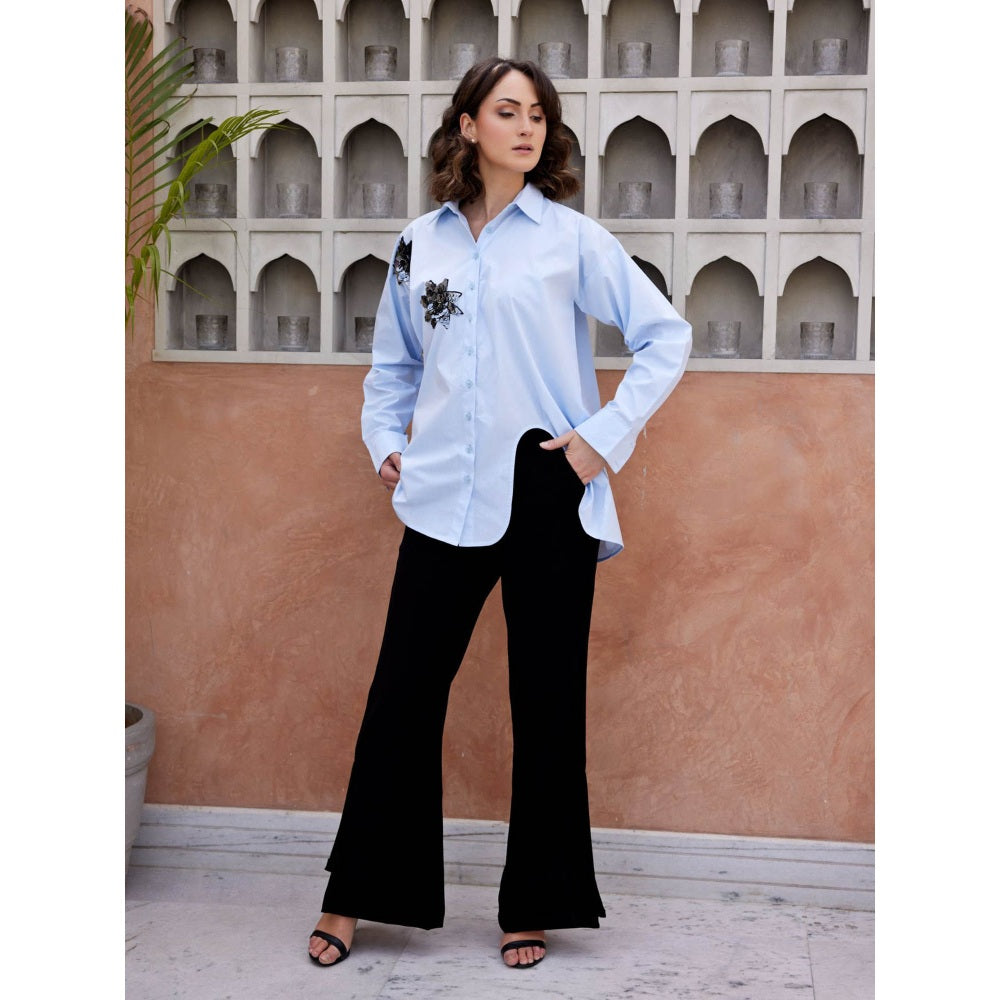 Palak Khandelwal Skylight Blue Shirt with Flower Patches with Side Cut Out