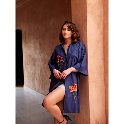 Palak Khandelwal Navy Blue Long Shirt with Flower Patches