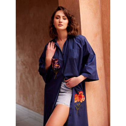 Palak Khandelwal Navy Blue Long Shirt with Flower Patches