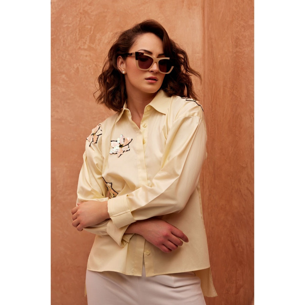 Palak Khandelwal Light Yellow Shirt with Chrome Flower Patches
