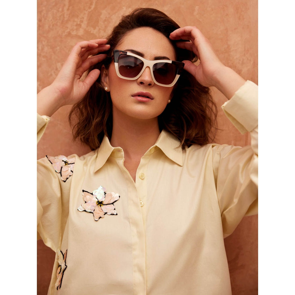 Palak Khandelwal Light Yellow Shirt with Chrome Flower Patches