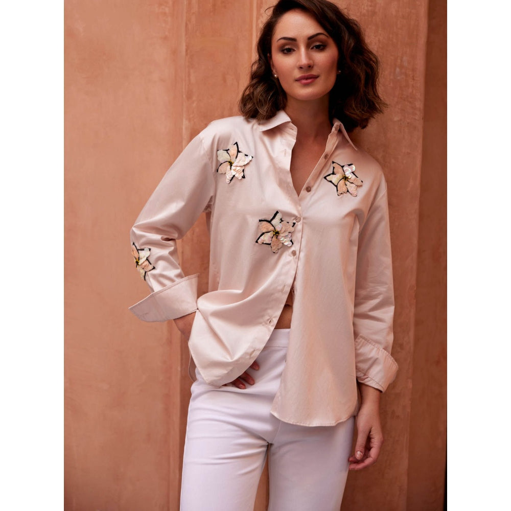 Palak Khandelwal Pink Shirt with Chrome Sequin Flower Patch