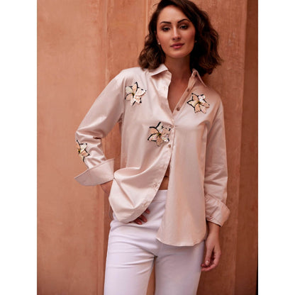 Palak Khandelwal Pink Shirt with Chrome Sequin Flower Patch