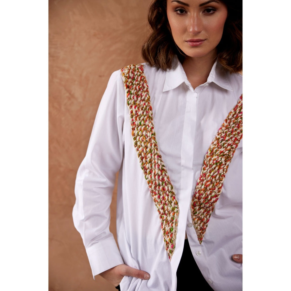 Palak Khandelwal White Shirt with Multi Colour V Lace Patch
