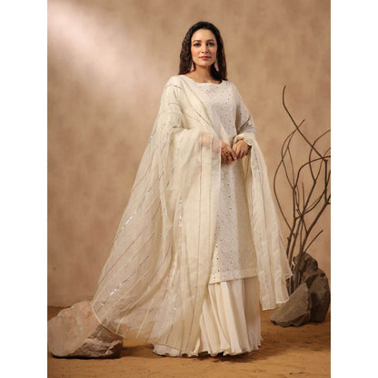 Palak Khandelwal White Kurta with Sharara and Hand Embroidered Dupatta (Set of 3)