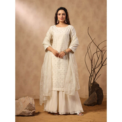 Palak Khandelwal White Kurta with Sharara and Hand Embroidered Dupatta (Set of 3)