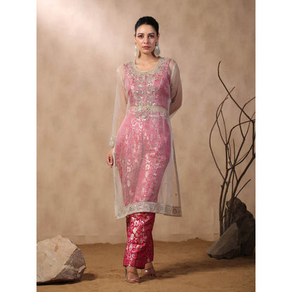 Palak Khandelwal Ivory Embroidered Kurta with Crop Top and Pants (Set of 3)