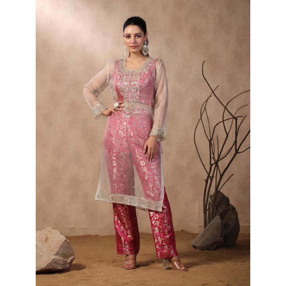 Palak Khandelwal Ivory Embroidered Kurta with Crop Top and Pants (Set of 3)