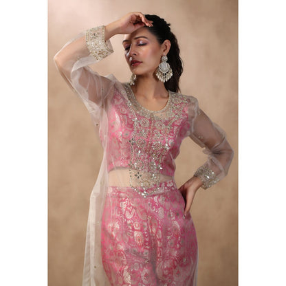 Palak Khandelwal Ivory Embroidered Kurta with Crop Top and Pants (Set of 3)