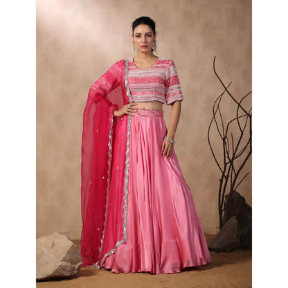 Palak Khandelwal Pink Embroidered Skirt with Blouse and Dupatta (Set of 3)