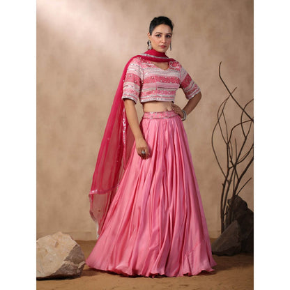 Palak Khandelwal Pink Embroidered Skirt with Blouse and Dupatta (Set of 3)