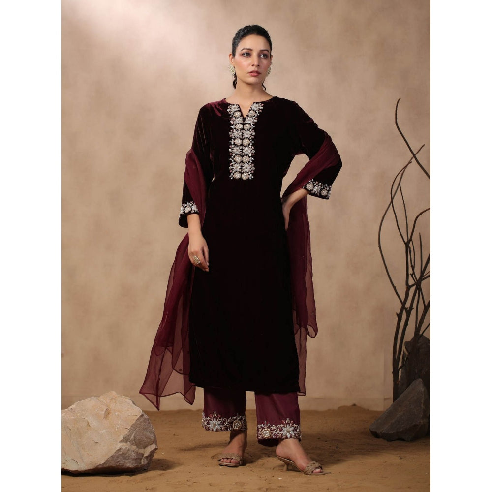Palak Khandelwal Wine Velvet Suit with Hand Embroidered Pants and Dupatta (Set of 3)