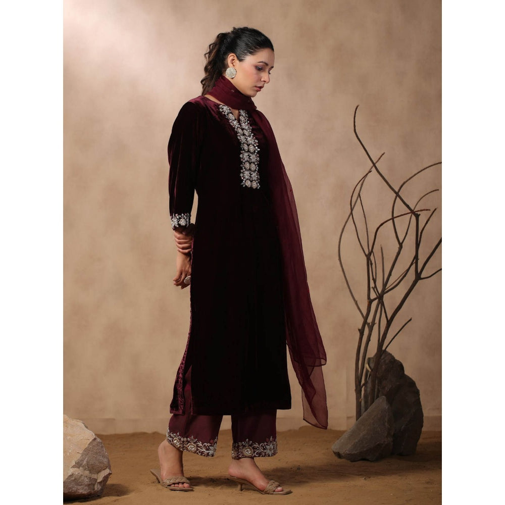 Palak Khandelwal Wine Velvet Suit with Hand Embroidered Pants and Dupatta (Set of 3)