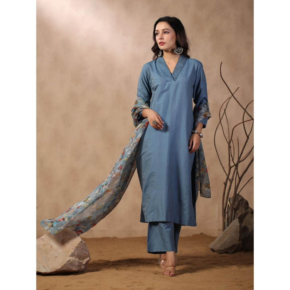 Palak Khandelwal Denim Blue Kurta Paired with Pants and Printed Dupatta (Set of 3)