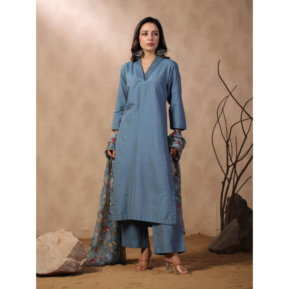 Palak Khandelwal Denim Blue Kurta Paired with Pants and Printed Dupatta (Set of 3)