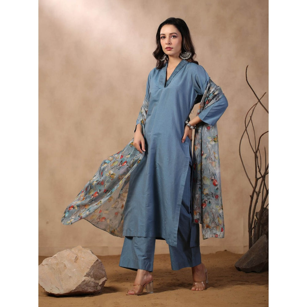 Palak Khandelwal Denim Blue Kurta Paired with Pants and Printed Dupatta (Set of 3)