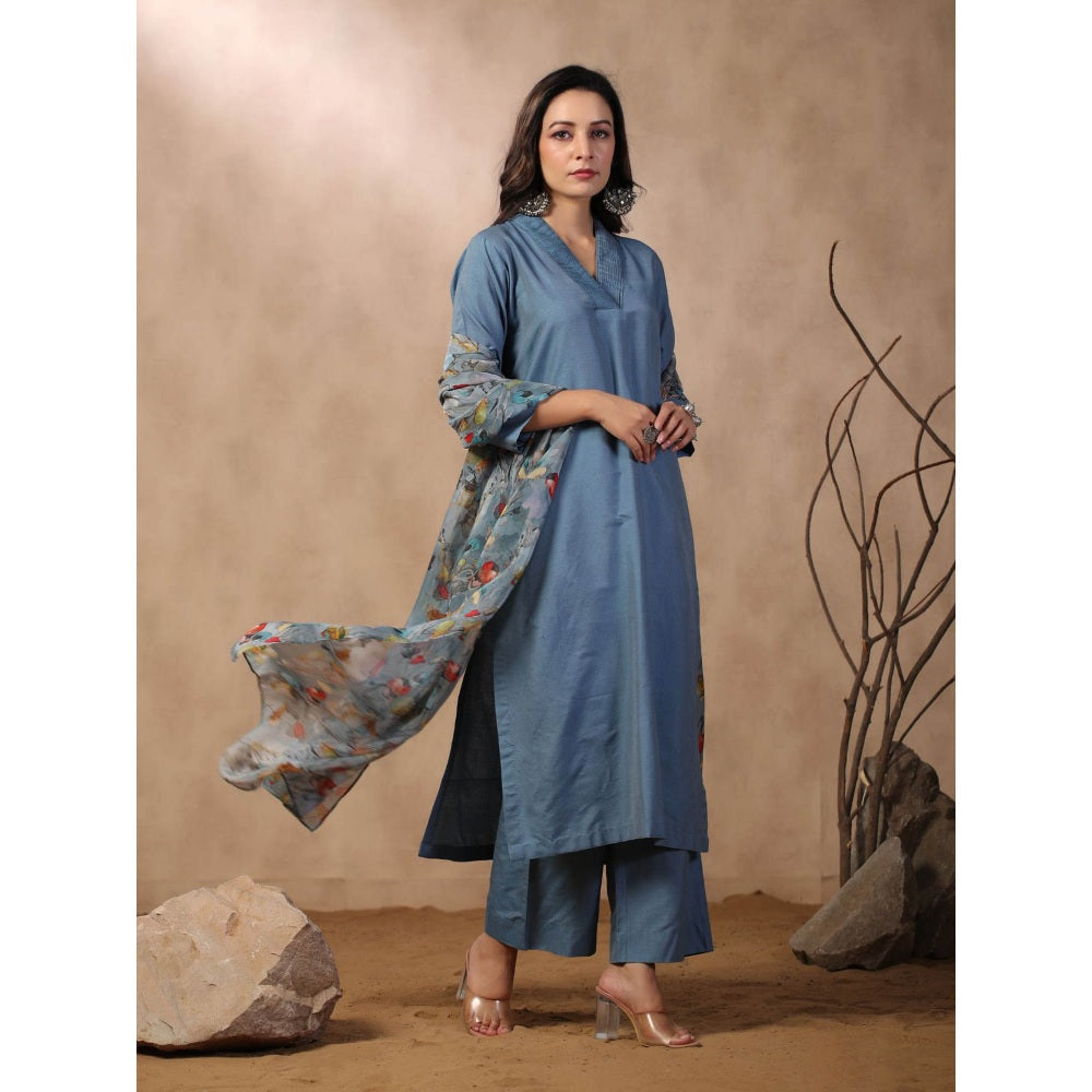 Palak Khandelwal Denim Blue Kurta Paired with Pants and Printed Dupatta (Set of 3)