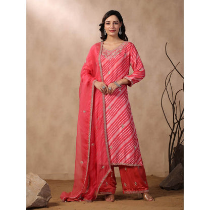 Palak Khandelwal Pink Leheriya Kurta with Pants and Dupatta (Set of 3)
