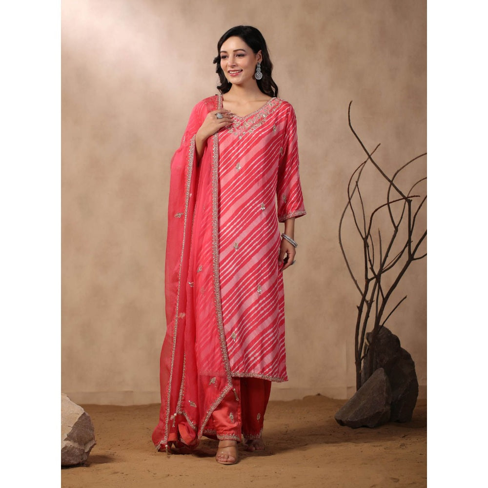 Palak Khandelwal Pink Leheriya Kurta with Pants and Dupatta (Set of 3)