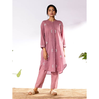 PANTS AND PAJAMAS Pink Chikan Cotton Kurta Shirt & Salwar (Set of 2)