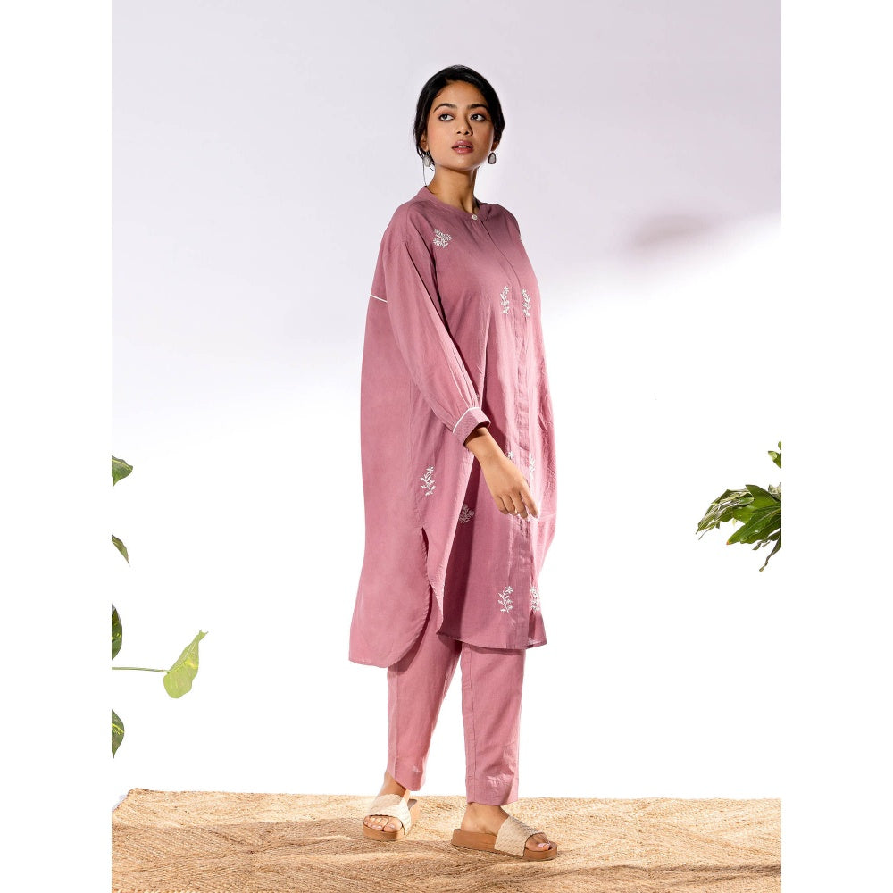 PANTS AND PAJAMAS Pink Chikan Cotton Kurta Shirt & Salwar (Set of 2)