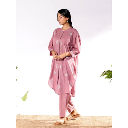PANTS AND PAJAMAS Pink Chikan Cotton Kurta Shirt & Salwar (Set of 2)