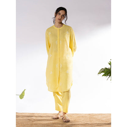 PANTS AND PAJAMAS Yellow Chikan Cotton Kurta Shirt & Salwar (Set of 2)