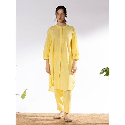 PANTS AND PAJAMAS Yellow Chikan Cotton Kurta Shirt & Salwar (Set of 2)