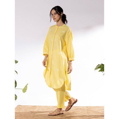 PANTS AND PAJAMAS Yellow Chikan Cotton Kurta Shirt & Salwar (Set of 2)