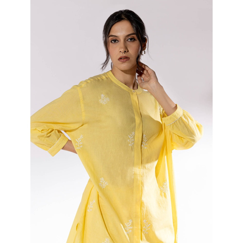PANTS AND PAJAMAS Yellow Chikan Cotton Kurta Shirt & Salwar (Set of 2)