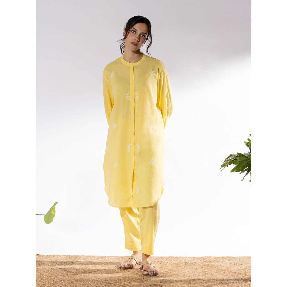 PANTS AND PAJAMAS Yellow Chikan Cotton Kurta