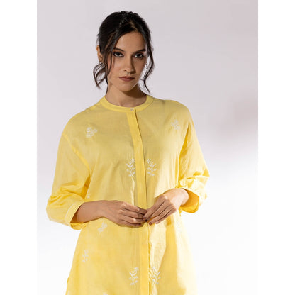 PANTS AND PAJAMAS Yellow Chikan Cotton Kurta