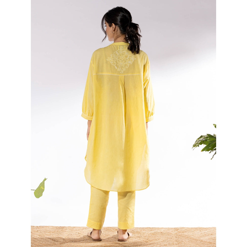 PANTS AND PAJAMAS Yellow Chikan Cotton Kurta